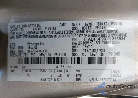 2017 Ford Focus Se from USA, damaged, VIN 1FADP3F2XHL318831